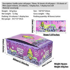 GORILLA ROLLING STARS Grape Flavored Rolling Paper with Rolling Tips, 1 1/4 Size Organic Rolling Papers, 50 PCS / Pack 24 Pack / Box