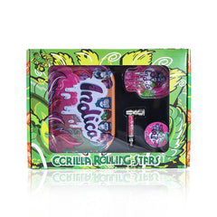 GORILLA ROLLING STARS Smoking Pipe Kit, 74 mm Size Glass Smoking Pipe With Metal Bowl, 4 Lay Ø 50 Metal Herb Grinder, Skull Shape Glass Ashtray, 7” x 5.5” Size Tinplate Rolling Tray