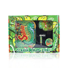 GORILLA ROLLING STARS Smoking Pipe Kit, 74 mm Size Glass Smoking Pipe With Metal Bowl, 4 Lay Ø 50 Metal Herb Grinder, Skull Shape Glass Ashtray, 7” x 5.5” Size Tinplate Rolling Tray