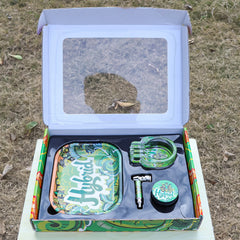 GORILLA ROLLING STARS Smoking Pipe Kit, 74 mm Size Glass Smoking Pipe With Metal Bowl, 4 Lay Ø 50 Metal Herb Grinder, Skull Shape Glass Ashtray, 7” x 5.5” Size Tinplate Rolling Tray