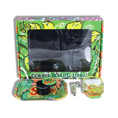 GORILLA ROLLING STARS Smoking Pipe Kit, 74 mm Size Glass Smoking Pipe With Metal Bowl, 4 Lay Ø 50 Metal Herb Grinder, Skull Shape Glass Ashtray, 7” x 5.5” Size Tinplate Rolling Tray