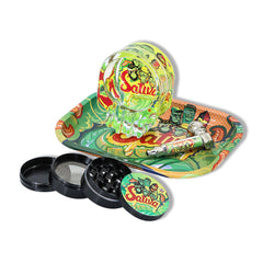 GORILLA ROLLING STARS Smoking Pipe Kit, 74 mm Size Glass Smoking Pipe With Metal Bowl, 4 Lay Ø 50 Metal Herb Grinder, Skull Shape Glass Ashtray, 7” x 5.5” Size Tinplate Rolling Tray