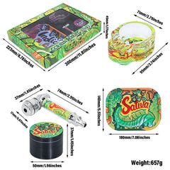 GORILLA ROLLING STARS Smoking Pipe Kit, 74 mm Size Glass Smoking Pipe With Metal Bowl, 4 Lay Ø 50 Metal Herb Grinder, Skull Shape Glass Ashtray, 7” x 5.5” Size Tinplate Rolling Tray
