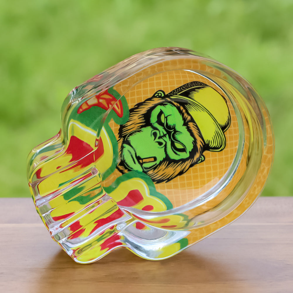 GORILLA ROLLING STARS Skull Shape Glass Ashtray with Three Cigarette Holder, Shatter Resistant Glass Ash Tray, 6 PCS / Box