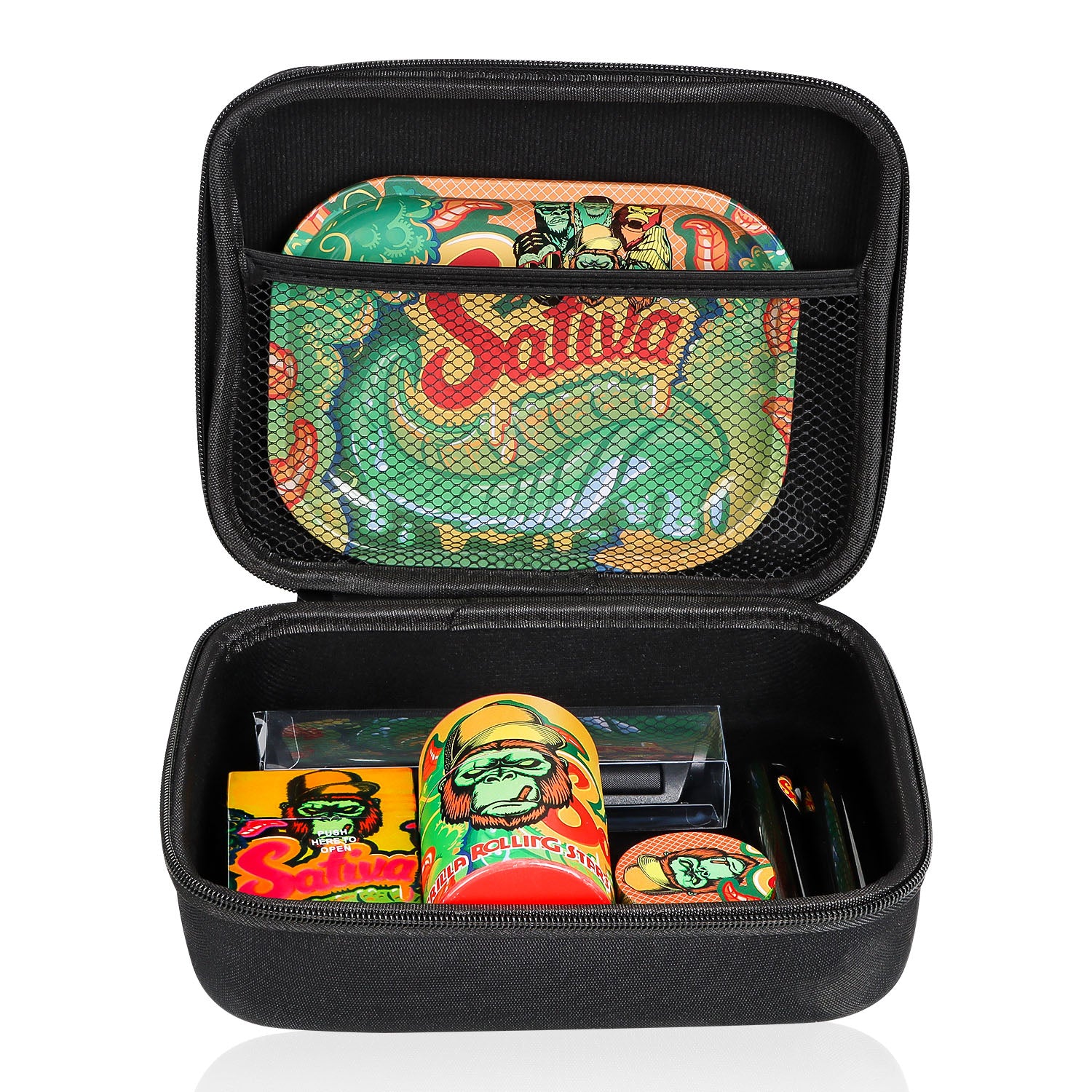 GORILLA ROLLING STARS Cigarette Roller Maker Kit, King Size Plastic Rolling Machine, 7” x 5.5” Size Rolling Tray, 4 Lay Ø 50 Metal Herb Grinder, Press Down Plastic Storage Jar, 118 mm Joint Holder, 95 x 62 x 29 mm Cigarette Case, Black Nylon Bag