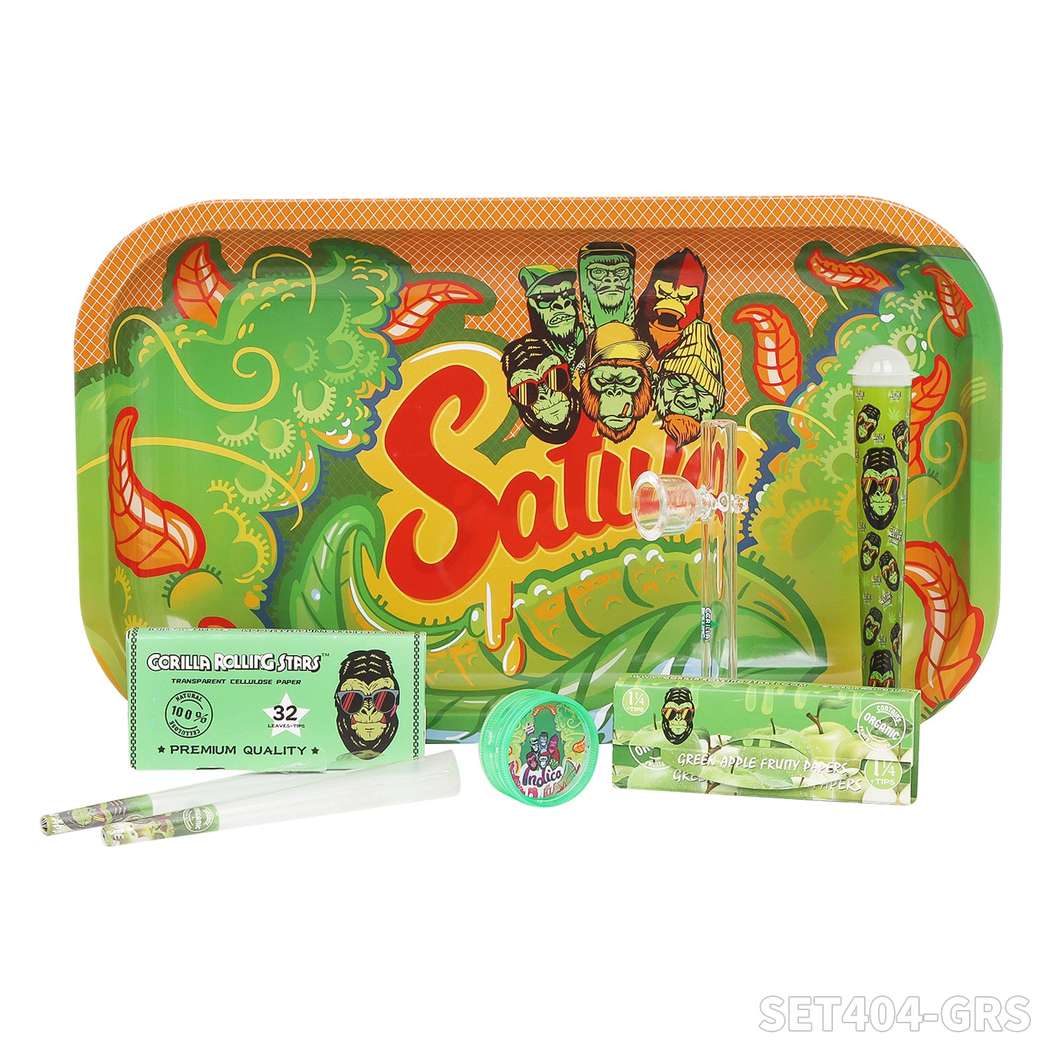 Gorilla Rolling Star Smoking Kit Plastic Grinder+Glass Pipe+ Joint Holder+Rolling Paper+Rolling Tray+Pre-Rolled Cone