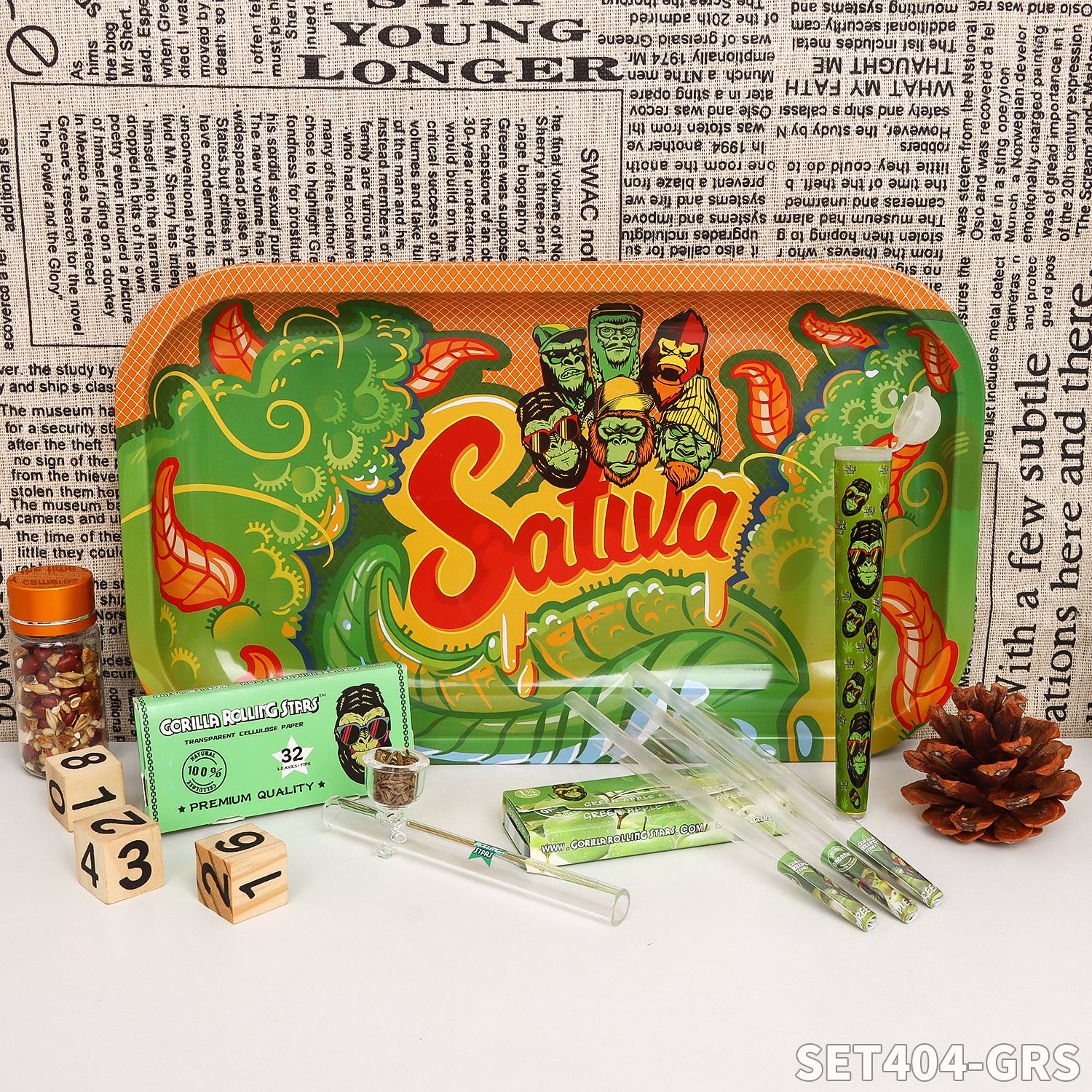 Gorilla Rolling Star Smoking Kit Plastic Grinder+Glass Pipe+ Joint Holder+Rolling Paper+Rolling Tray+Pre-Rolled Cone