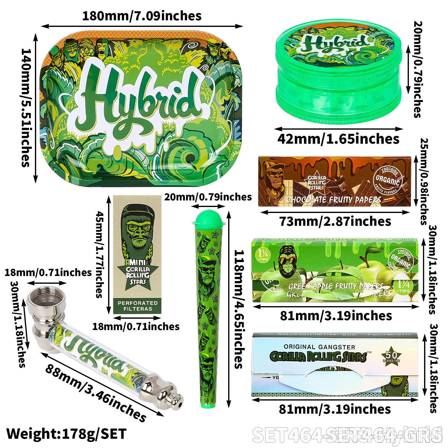 Gorilla rolling star smoking kit rolling paper+metal pipe+joint holder+grinder+filter tips