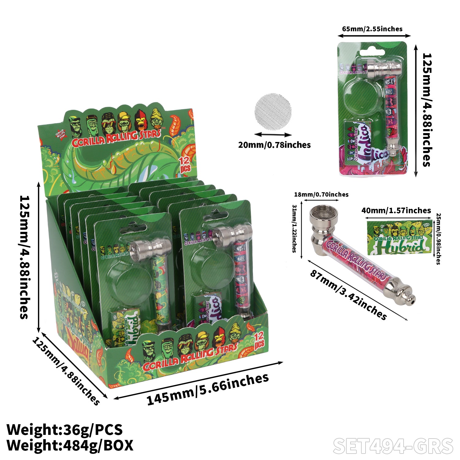 Gorilla Rolling Star Smoking Pipe Kit With Metal Pipe + Stainless Steel Screen