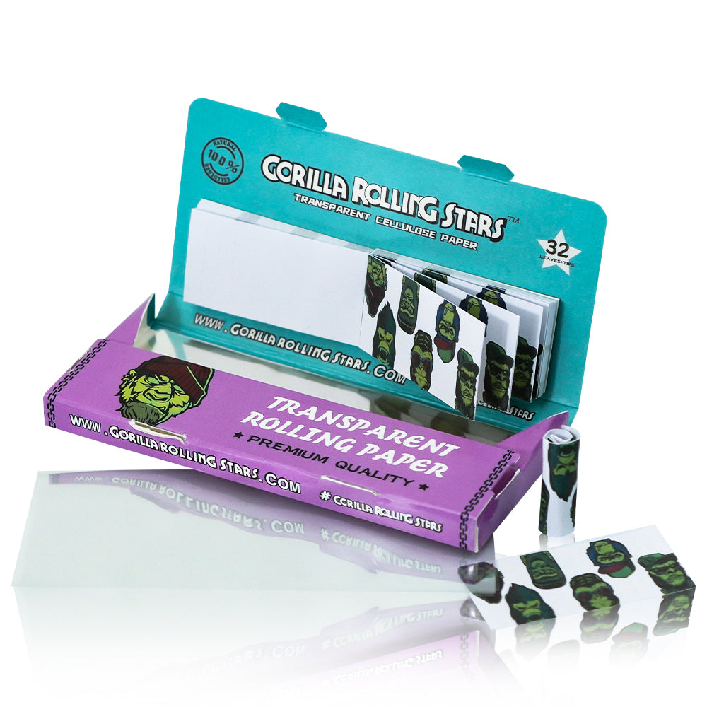 GORILLA ROLLING STARS 1 1/4 Size Transparent Cellulose Rolling Papers with Rolling Tips, Slow Burning & Organic Rolling Paper, 32 PCS / Pack 24 Pack / Box