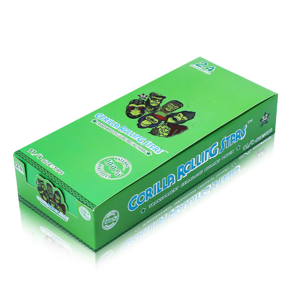 GORILLA ROLLING STARS 1 1/4 Size Transparent Cellulose Rolling Papers with Rolling Tips, Slow Burning & Organic Rolling Paper, 32 PCS / Pack 24 Pack / Box
