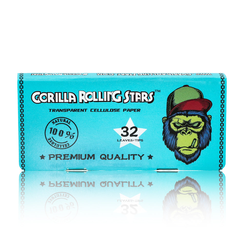 GORILLA ROLLING STARS 1 1/4 Size Transparent Cellulose Rolling Papers with Rolling Tips, Slow Burning & Organic Rolling Paper, 32 PCS / Pack 24 Pack / Box