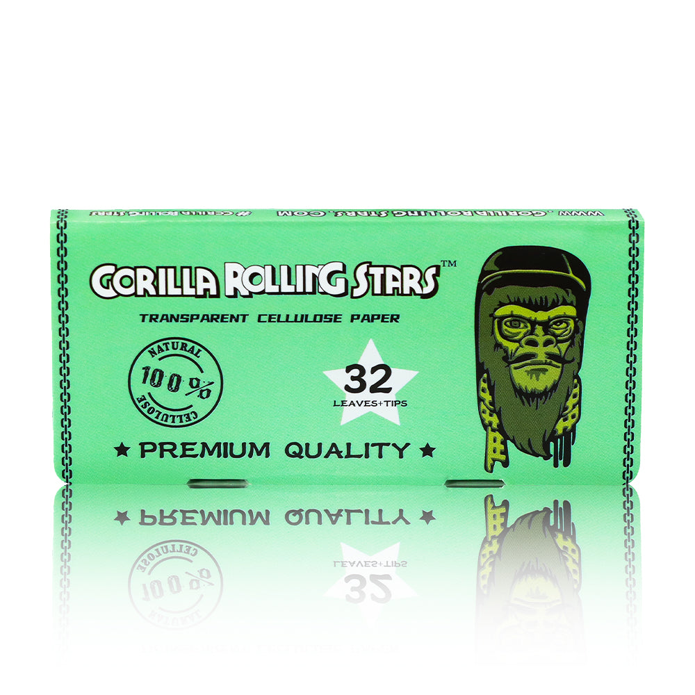 GORILLA ROLLING STARS 1 1/4 Size Transparent Cellulose Rolling Papers with Rolling Tips, Slow Burning & Organic Rolling Paper, 32 PCS / Pack 24 Pack / Box