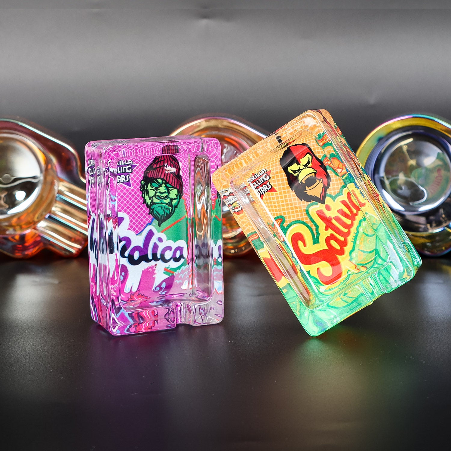 GORILLA ROLLING STARS Shatter Resistant Glass Ashtray, 86 x 57 mm Square Cigarette Ashtray with Cigarette Holder, 6 PCS / Box