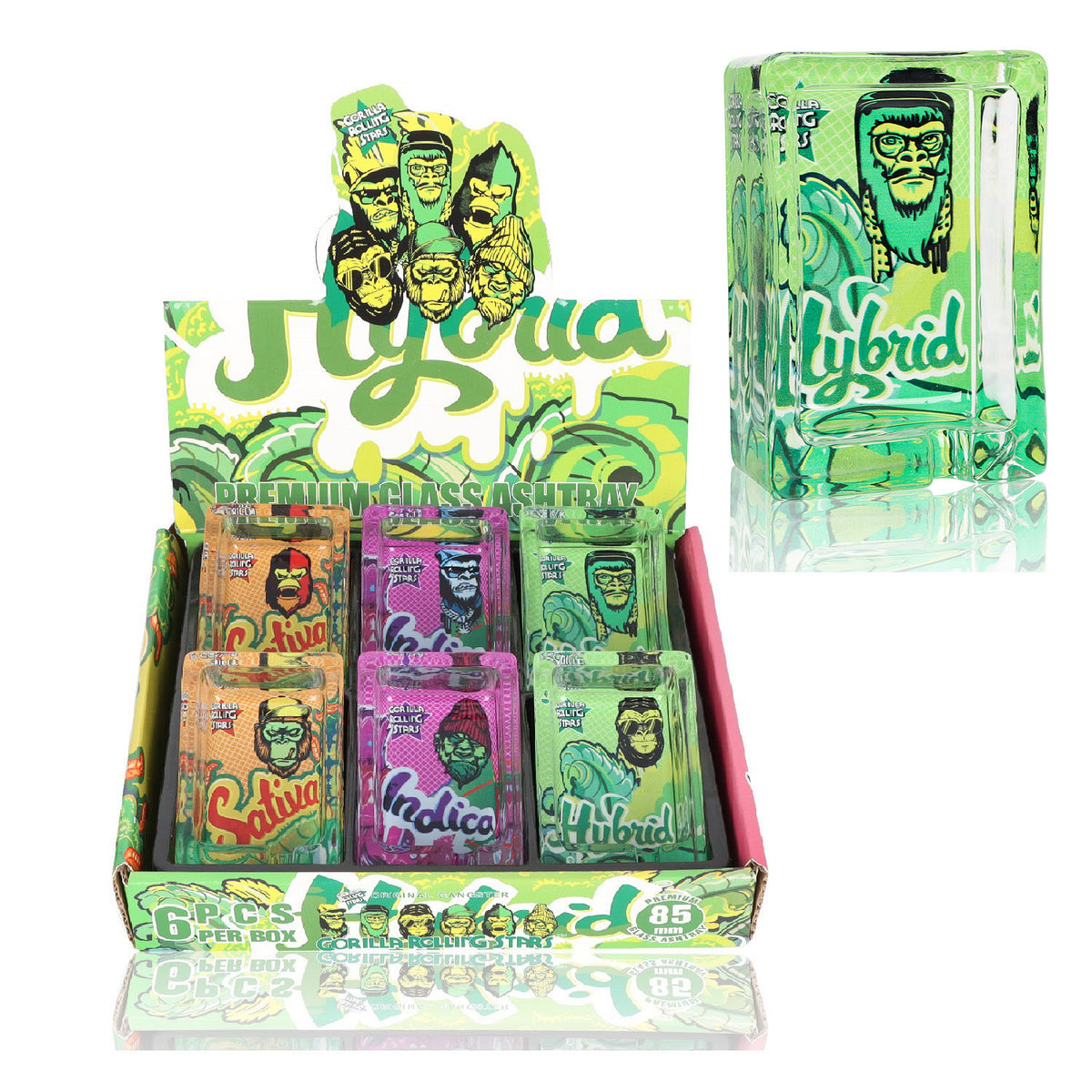 GORILLA ROLLING STARS Shatter Resistant Glass Ashtray, 86 x 57 mm Square Cigarette Ashtray with Cigarette Holder, 6 PCS / Box