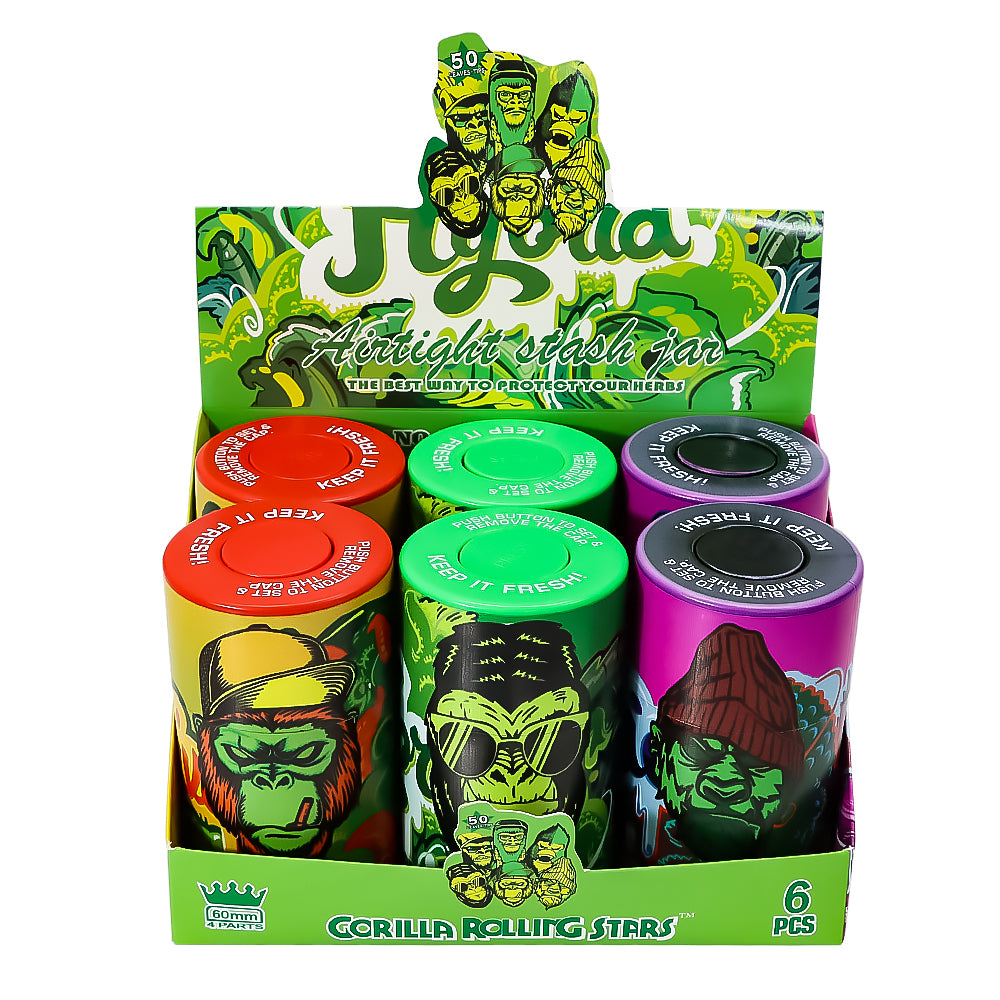 GORILLA ROLLING STARS Vacuum Sealed Press Down Plastic Storage Jar, Container Airtight Smell Proof Plastic Stash Jar, 6 Jars / Box