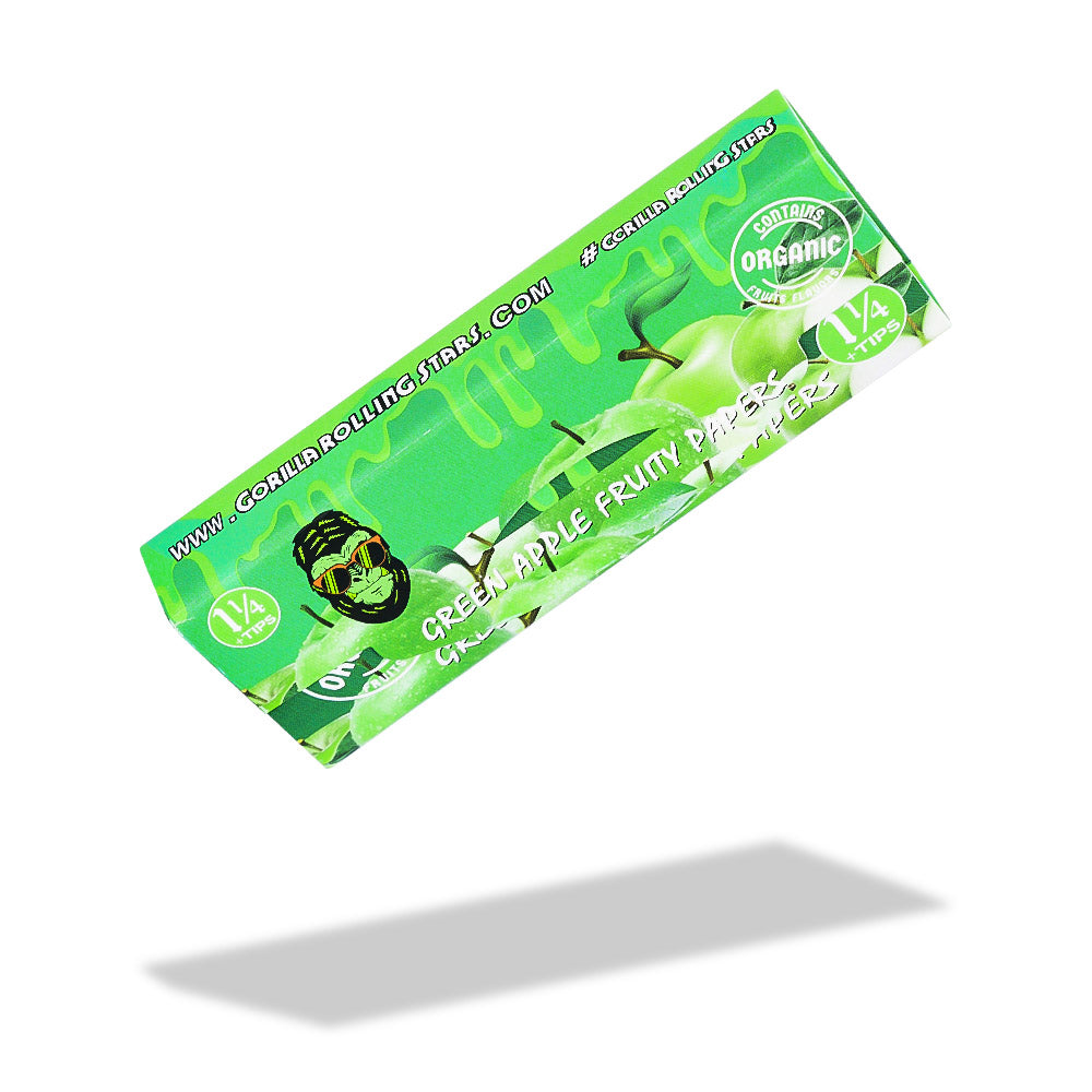 GORILLA ROLLING STARS Green Apple Flavored Rolling Paper with Rolling Tips, 1 1/4 Size Organic Rolling Papers, 50 PCS / Pack 24 Pack / Box