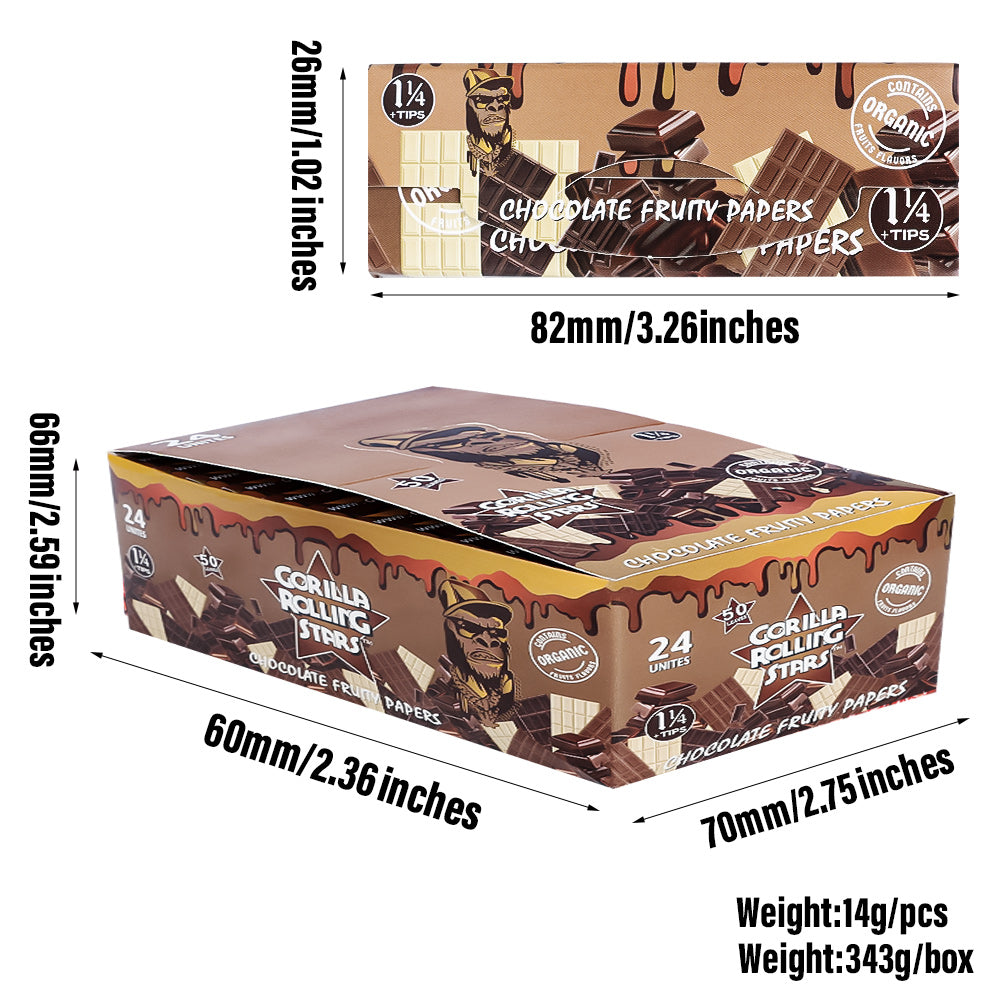 GORILLA ROLLING STARS Chocolate Flavored Rolling Paper with Rolling Tips, 1 1/4 Size Organic Rolling Papers, 50 PCS / Pack 24 Pack / Box