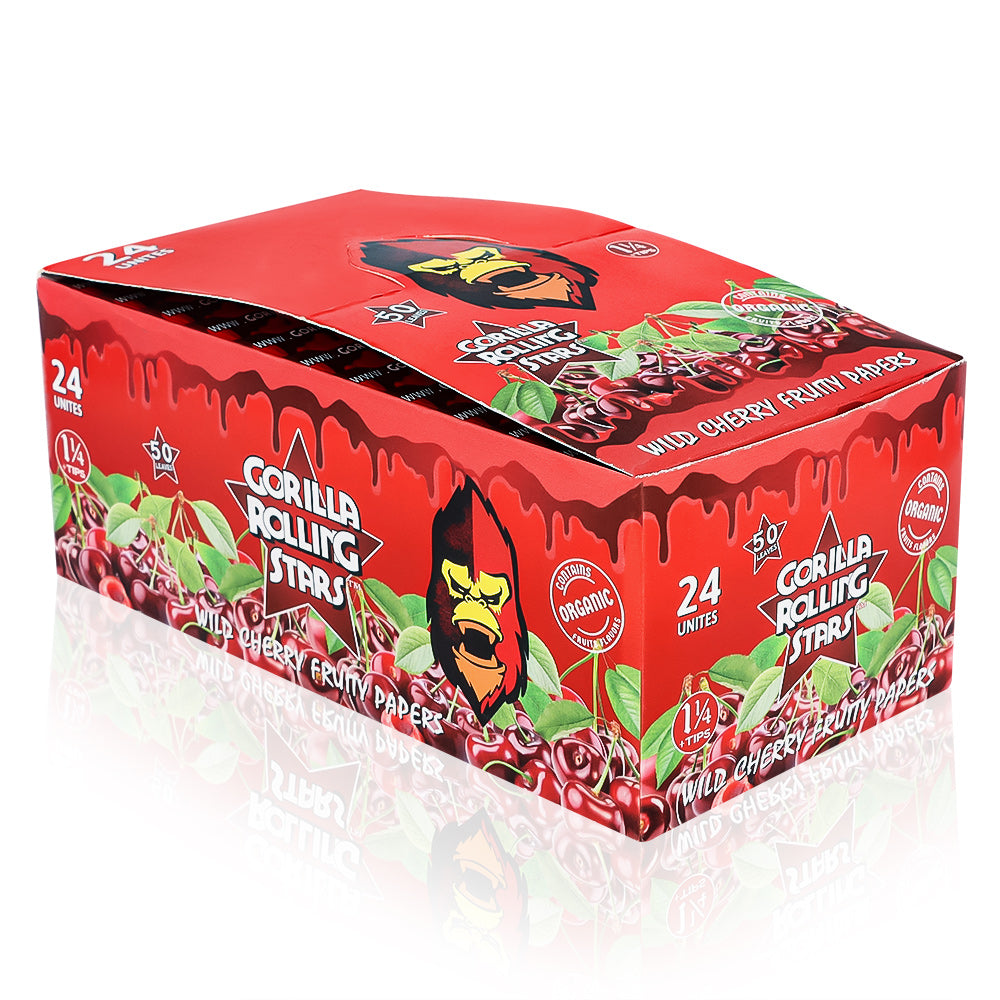 GORILLA ROLLING STARS Cherry Flavored Rolling Paper with Rolling Tips, 1 1/4 Size Organic Rolling Papers, 50 PCS / Pack 24 Pack / Box