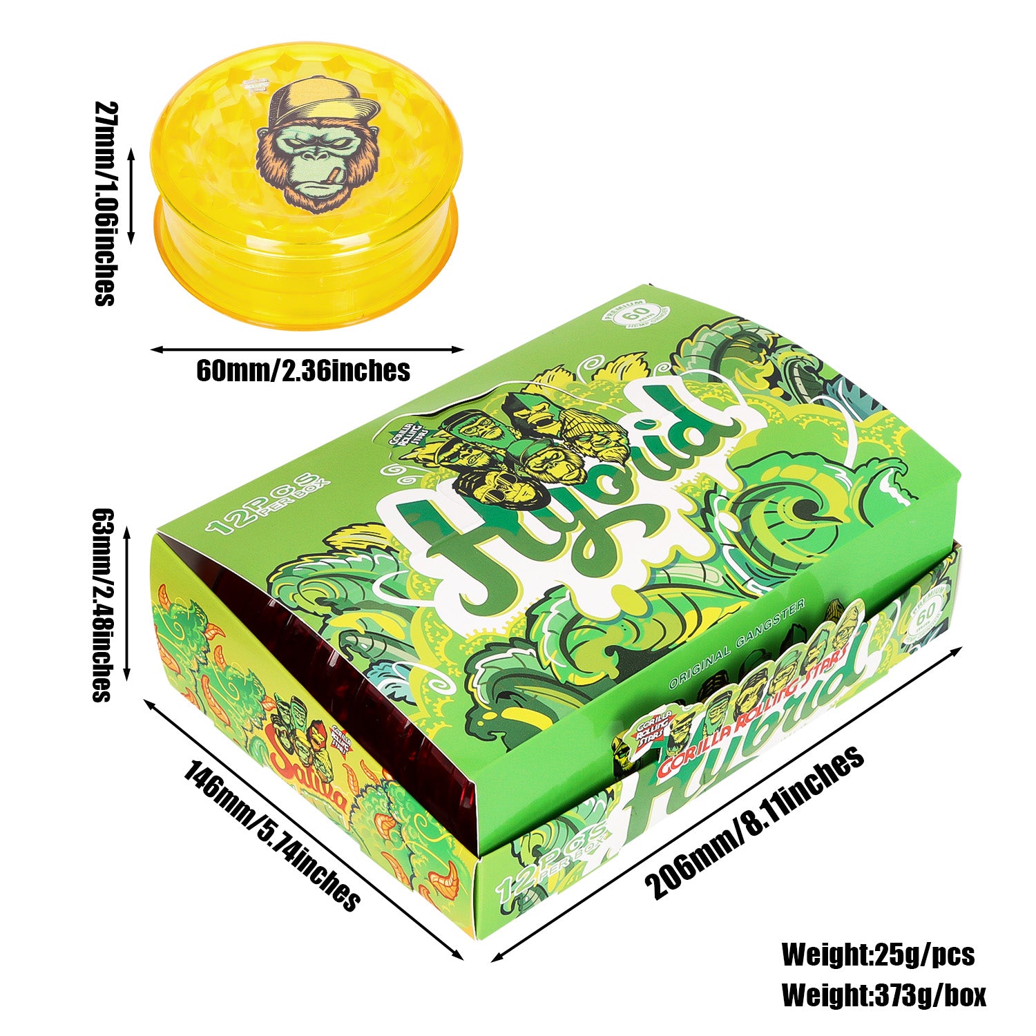 Gorilla Rolling Stars Biodegradable Plastic Tobacco Grinder, 3 Lay Ø 60 Plastic Herb Grinder, Portable & Easy Clean Smoker Grinder, 12 PCS / Box