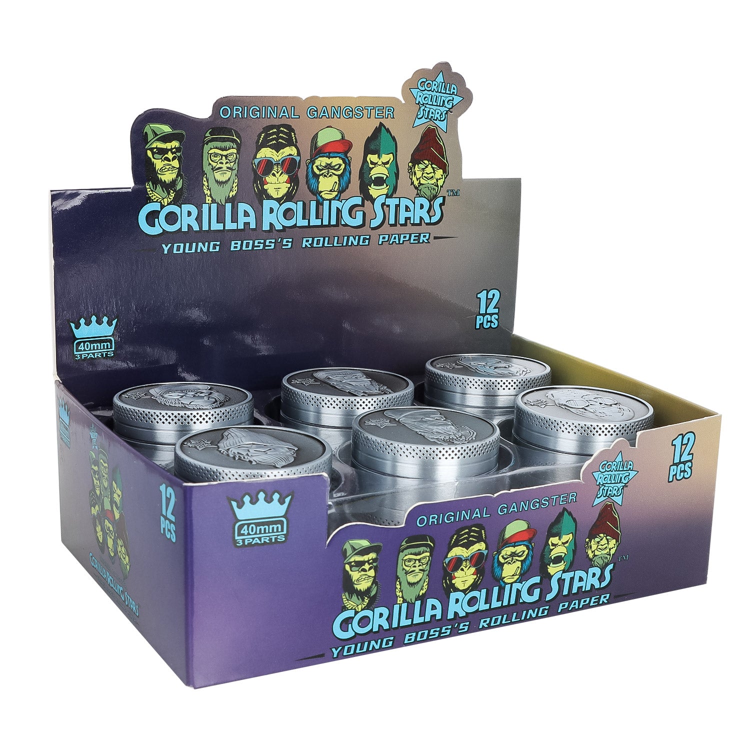 Gorilla Rolling Stars Zinc Alloy Tobacco Grinder, 3 Lay Ø 40 Metal Herb Grinder, Portable & Easy Clean Smoker Grinder, 12 PCS / Box