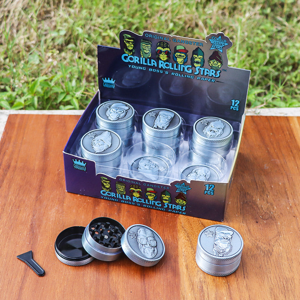 Gorilla Rolling Stars Zinc Alloy Tobacco Grinder, 3 Lay Ø 40 Metal Herb Grinder, Portable & Easy Clean Smoker Grinder, 12 PCS / Box