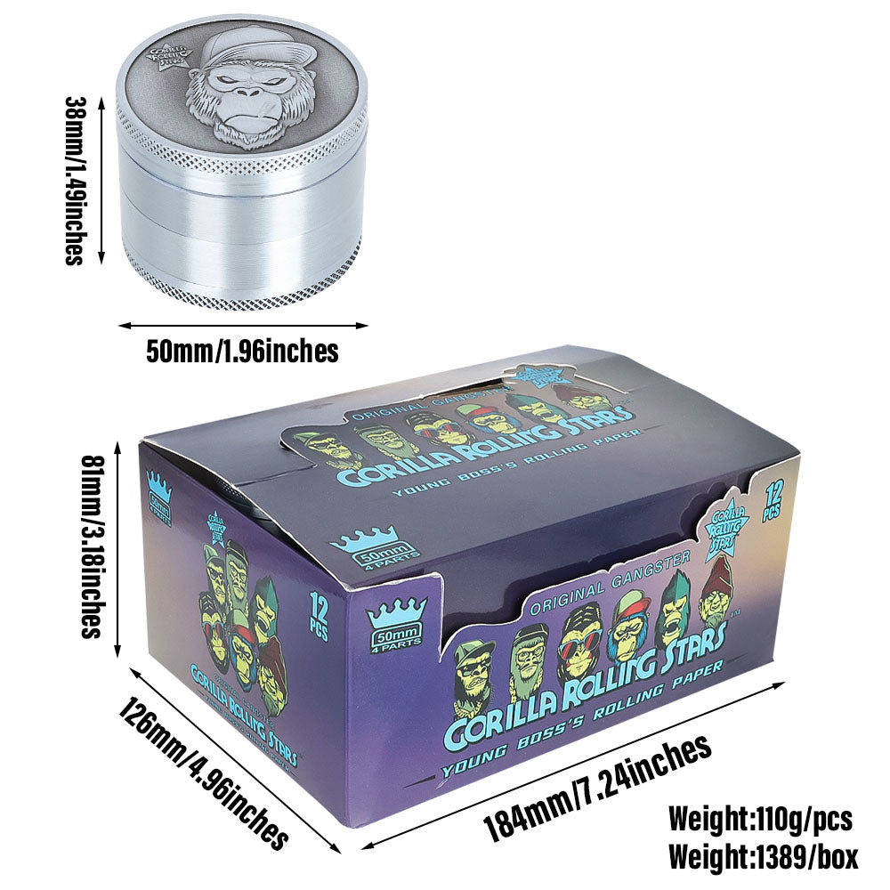 Gorilla Rolling Stars Zinc Alloy Tobacco Grinder, 4 Lay Ø 50 Metal Herb Grinder, Portable & Easy Clean Smoker Grinder, 12 PCS / Box