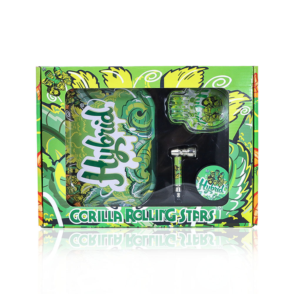 GORILLA ROLLING STARS Smoking Pipe Kit, 74 mm Size Glass Smoking Pipe With Metal Bowl, 4 Lay Ø 50 Metal Herb Grinder, Skull Shape Glass Ashtray, 7” x 5.5” Size Tinplate Rolling Tray