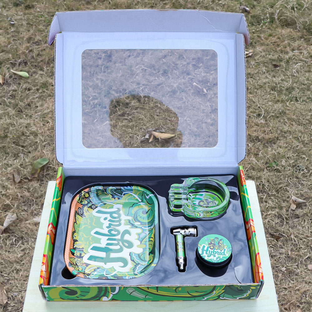 GORILLA ROLLING STARS Smoking Pipe Kit, 74 mm Size Glass Smoking Pipe With Metal Bowl, 4 Lay Ø 50 Metal Herb Grinder, Skull Shape Glass Ashtray, 7” x 5.5” Size Tinplate Rolling Tray
