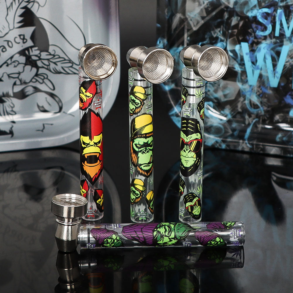 GORILLA ROLLING STARS 95 mm Glass Smoking Pipe, Green Tobacco Pipe With Metal Bowl, 24 PCS / Box