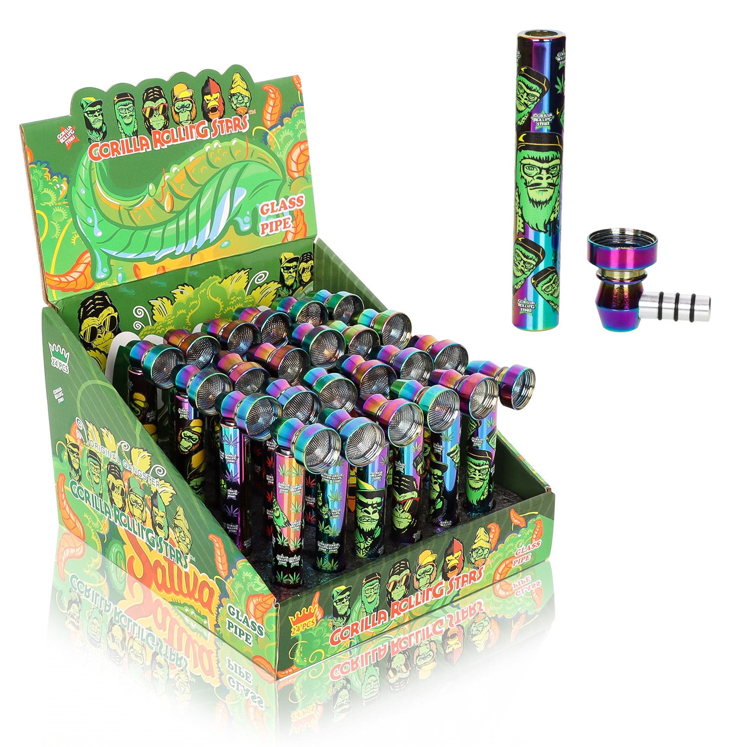 GORILLA ROLLING STARS Aluminum Alloy Tobacco Pipe, 26 x 95mm Smoking Pipes with Metal Bowl, 24 PCS / Box